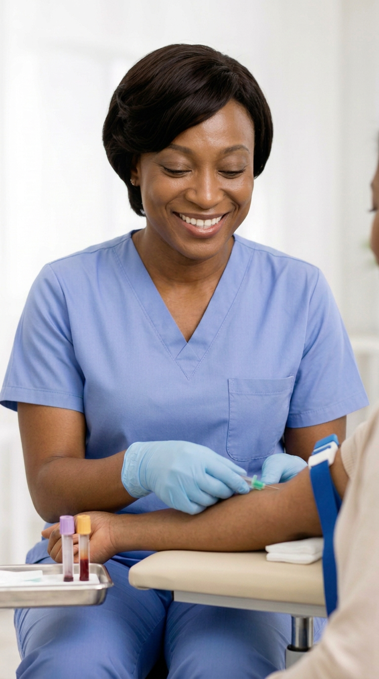 Nurse preparing blood samples in a bright clinical setting